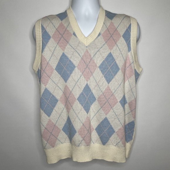 Vintage 90s Hunt Club Pink Blue White Pastel Argyle V-neck Sweater Vest